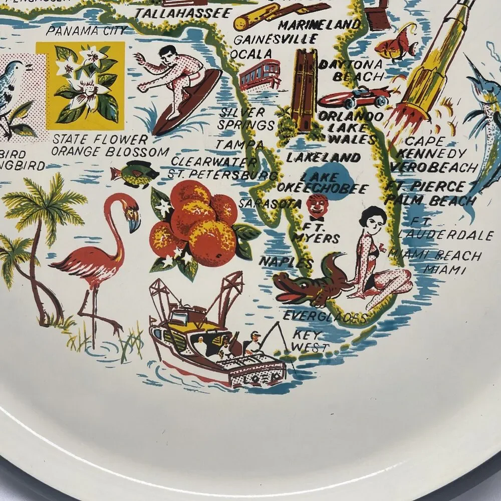 Large Hard Plastic Souvenir Florida Tray Map State Tourist 13
